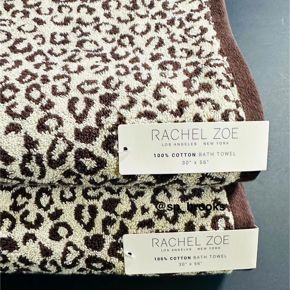 🎁RACHEL ZOE 2PC Bath Towel Set -Cotton- Brown & Tan Cheetah Print Bath - 30”x56”